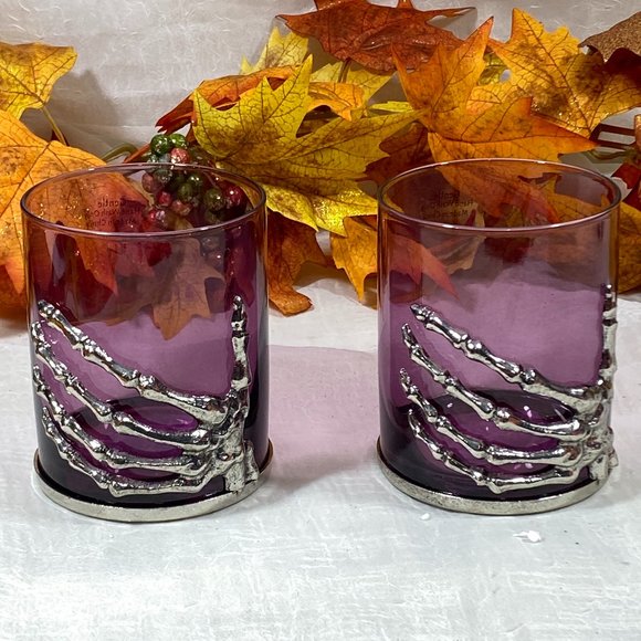 Halloween Gothic Skeleton Hand Purple Wine DOF Glass Silver Metal Set of 2 RARE - Picture 1 of 4